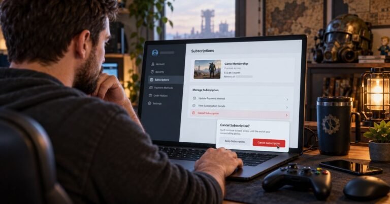 A gamer using a laptop to cancel a Fallout 1st subscription through an online account settings page.