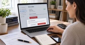 Woman using a laptop to cancel a LawDepot subscription through an online account settings page, with legal documents on her desk.