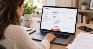 Woman using a laptop to cancel a pdfFiller subscription through the account settings page, with documents and a smartphone on her desk.