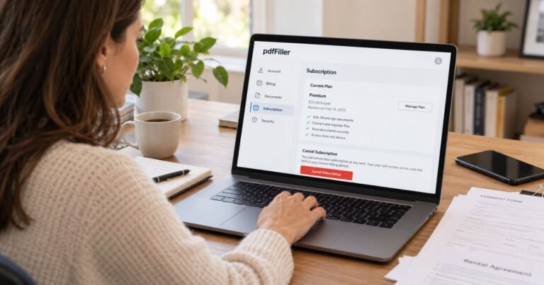 Woman using a laptop to cancel a pdfFiller subscription through the account settings page, with documents and a smartphone on her desk.