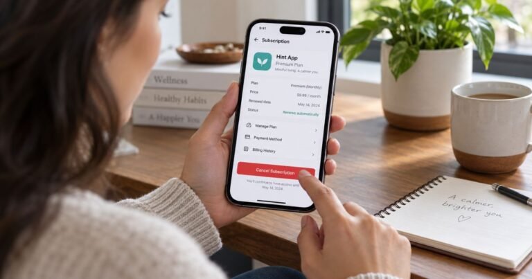 Woman using a smartphone to cancel a Hint App subscription by tapping the Cancel Subscription button in the app's subscription settings.