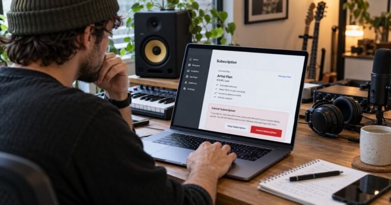 Musician using a laptop to cancel a DistroKid subscription through an online account settings page in a home music studio.